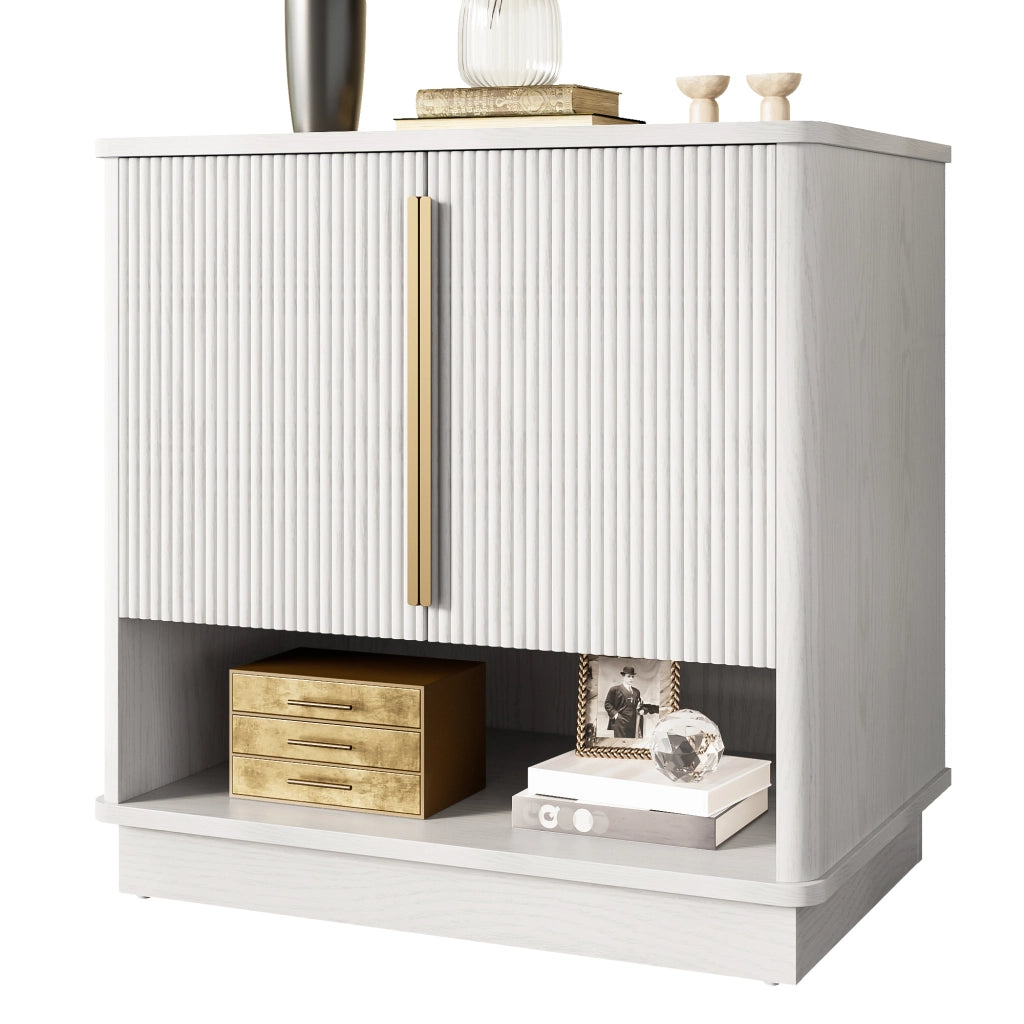 Mobile Scarpiera con 2 Ante e Vano a Giorno; Maniglie Dorate; Moderno; in MDF; Bianco Effetto Legno; 60×40×61 cm