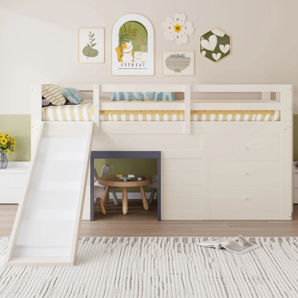 OKWISH Letto a soppalco basso 90×200 cm, Letto Singolo con Scivolo, 3 Cassetti e 2 Ante, senza Materasso, in Legno, Crema