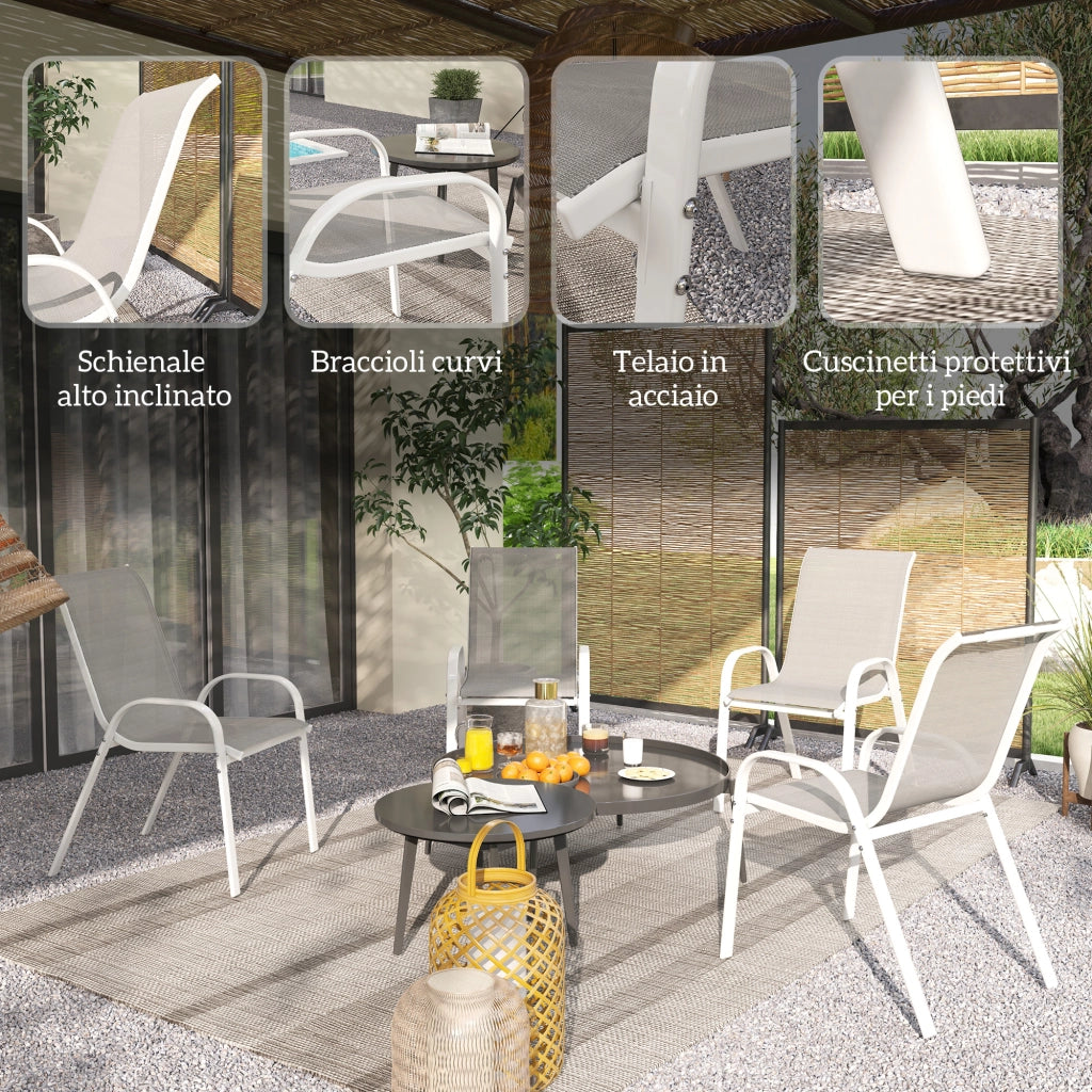Set 4 Sedie da Giardino 54x71x93 cm Impilabili con Braccioli Curvi in Acciaio e Tessuto Traspirante Grigio Bianco