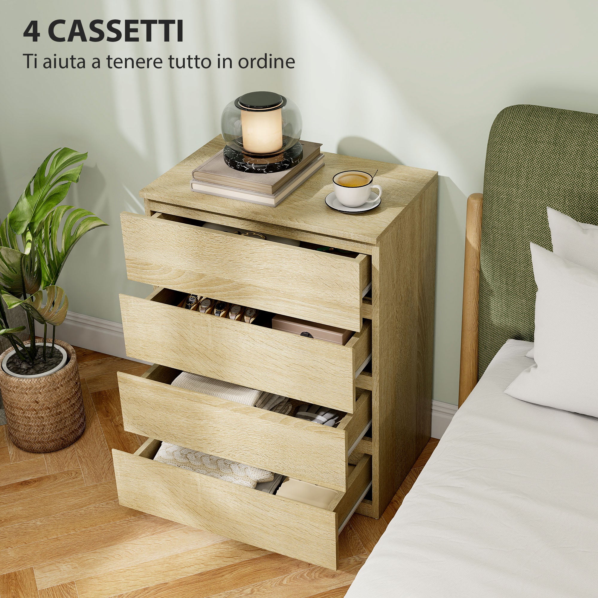 Cassettiera 4 Cassetti 60x40x80 cm con Guide in Metallo e Maniglie Scanalate in Legno color Faggio