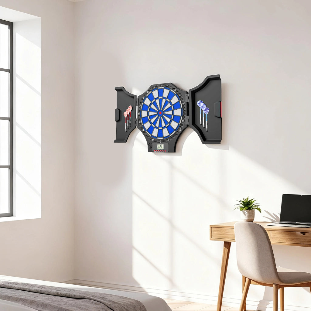 Bersaglio Freccette Elettronico con 6 Freccette e Monitor LCD per 31 Giochi. 83x45x4 cm. Nero e Blu