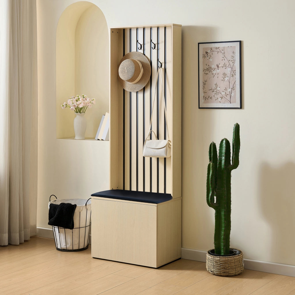 Mobili da ingresso con panca e vano portascarpe con 4 ganci, in MDF, color legno, 61 × 35 × 179,5 cm