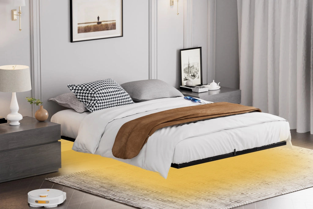 Letto flottante in metallo con LED e doghe, 160x200 cm, nero
