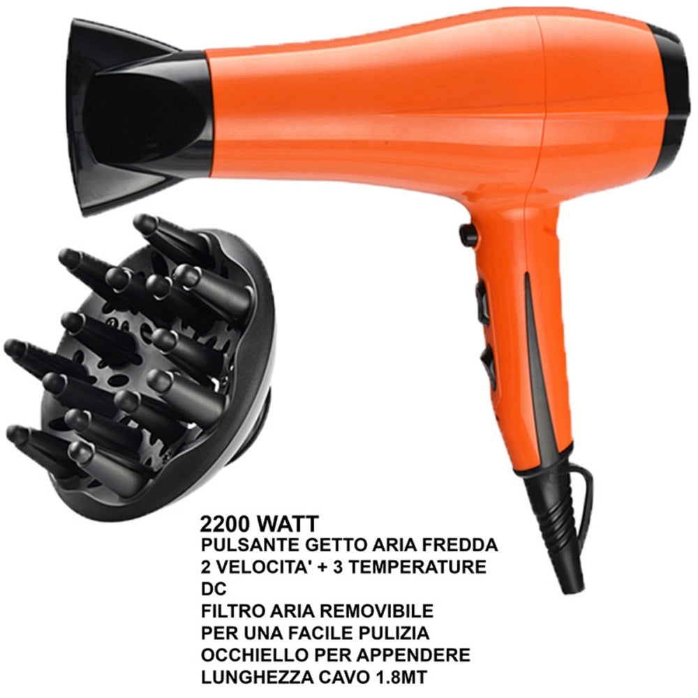 Trade Shop - Asciugacapelli 2200 Watt Con Diffusore Capelli Phon Pulsante Getto Aria Fredda Occhiello -