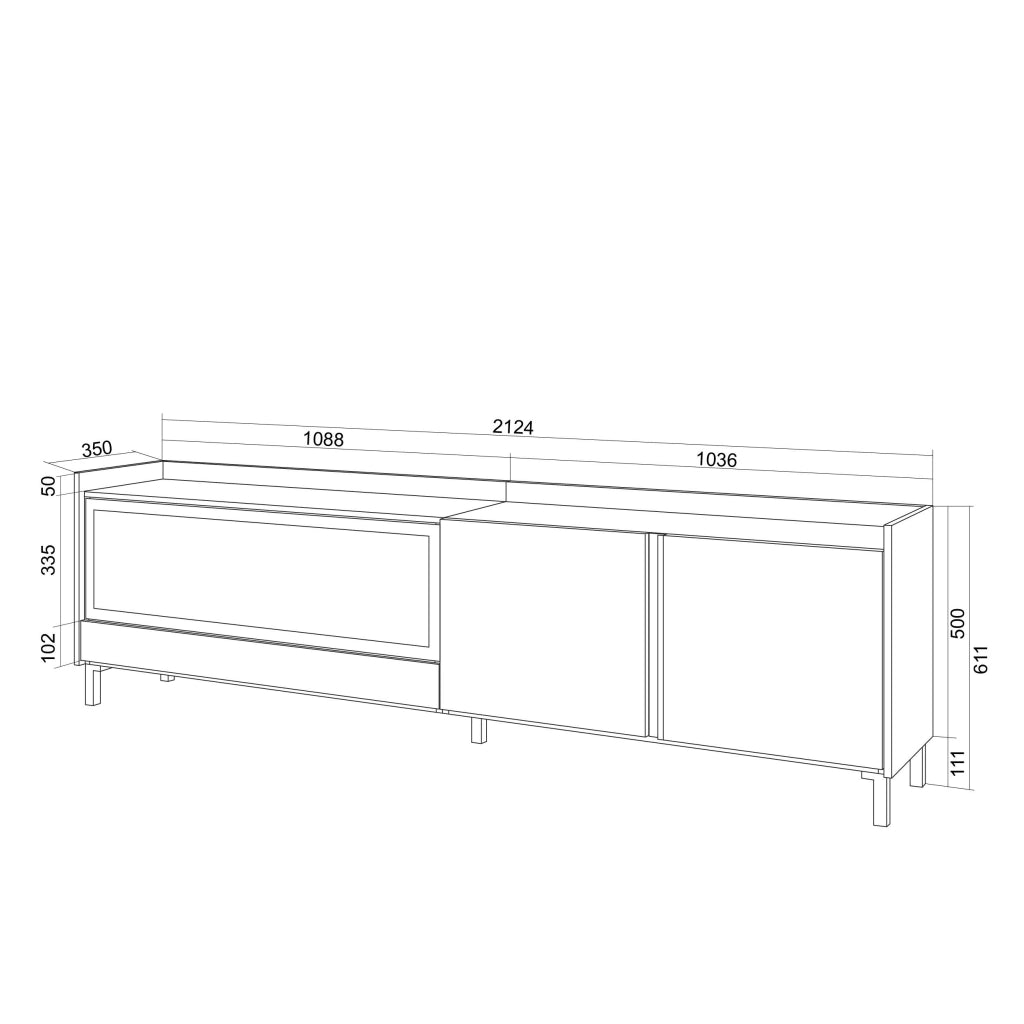 Mobile TV Soggiorno, 212x61x35 cm, Per TV fino a 80", Camino elettrico XXL, Design industriale, Bianco e Rovere soft
