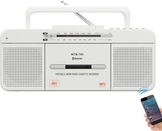 Cassetta Spettatore con USB e Bluetooth - Radio AM/FM - Stereo Audio - Microfono Integrato Registratore - Convertitore Cassetta in MP3 - Grande Altoparlante - Collegamento Auricolare - Due Altoparlanti 3W