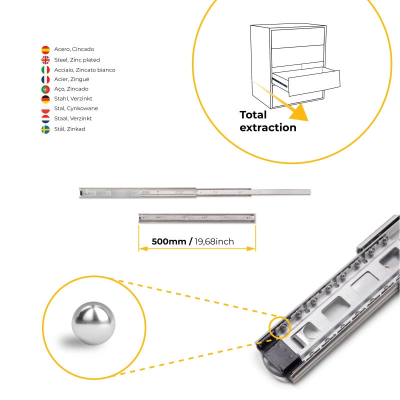 Set di guide a sfera per cassetti a estrazione totale, altezza 45 mm, lunghezza 600 mm, Acciaio, Zincato bianco