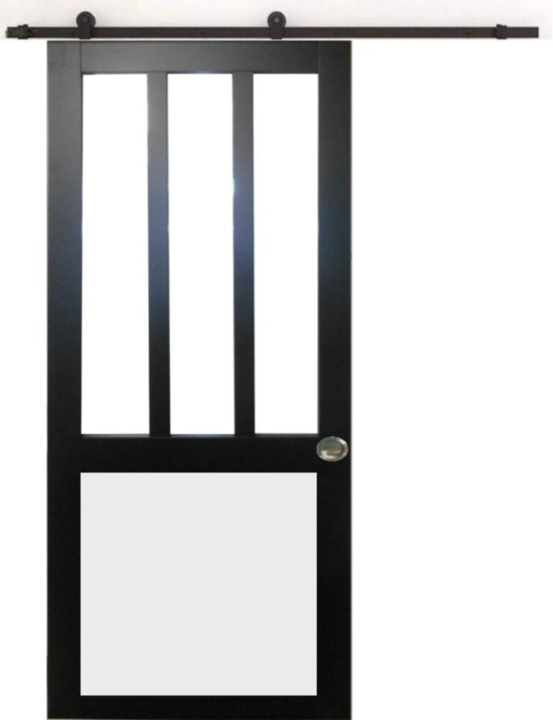 Porta Scorrevole Officina Nera e Finestra a Pannelli Bianchi H204 x L83 + Guida a Rullo Nera e 2 Gusci