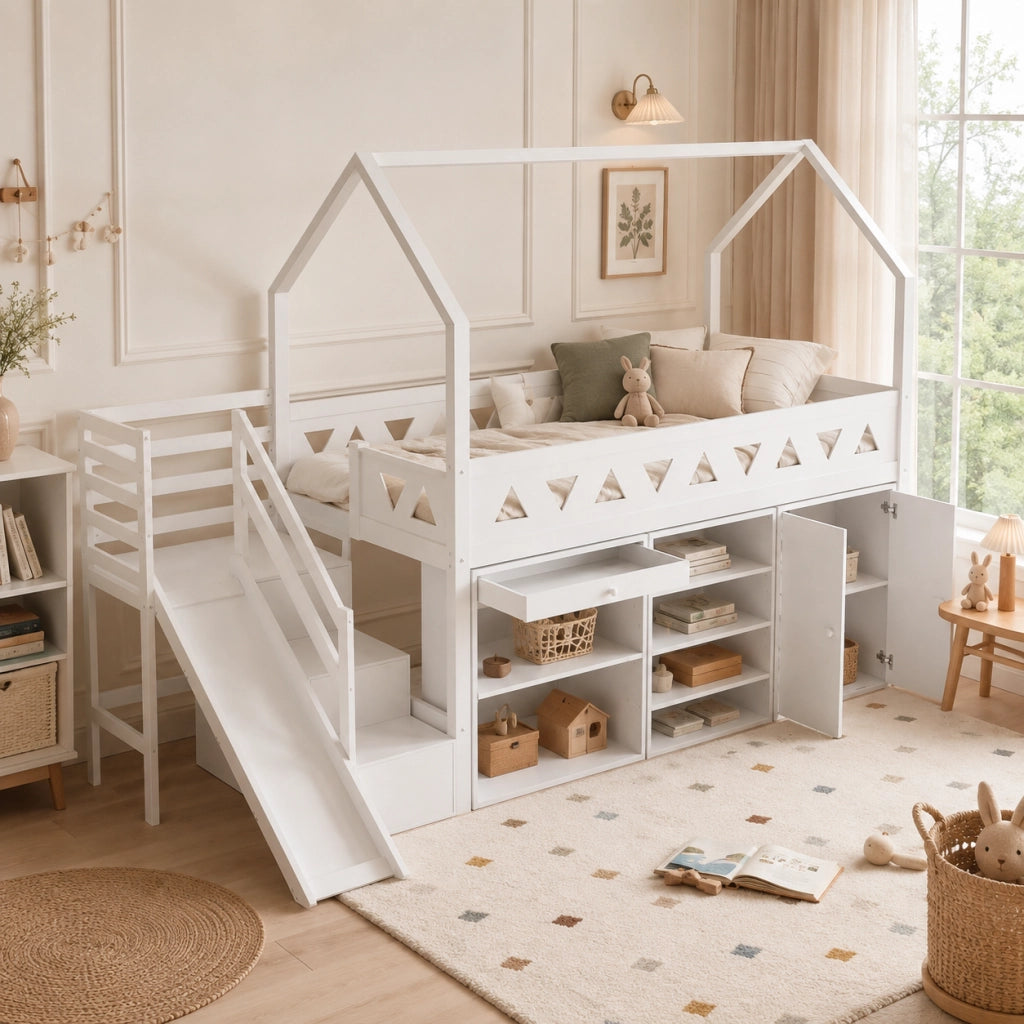 Letto per bambini 90 × 200 cm con scivolo e scala, 2 cassetti e armadietti, senza materasso, in legno massiccio bianco
