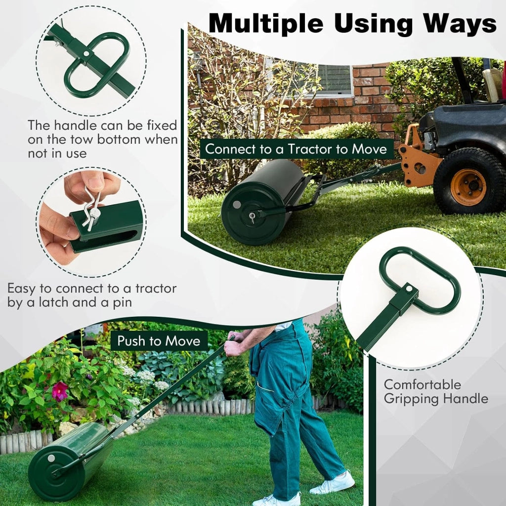 Rullo da Giardino Ø30 cm e 90 di Larghezza, Rullo da Prato in Metallo Manuale e per Trattorino, Rullo con Raschiatore Antisporco e Riempibile con Acqua/Sabbia (Verde, 63L)