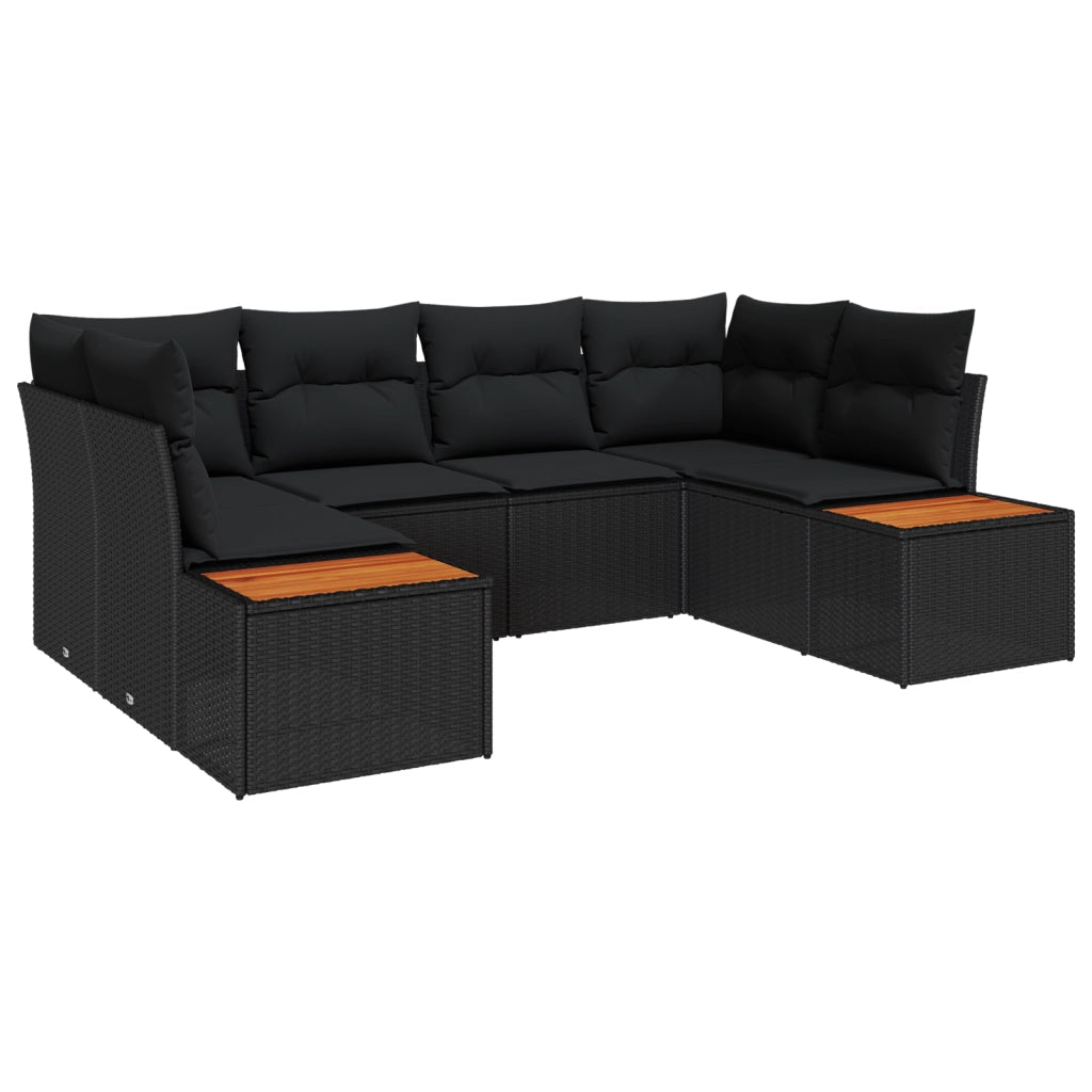 Set di divani da giardino a 6 pezzi con cuscini neri in polyrattan di acacia