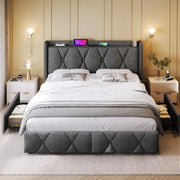 DESMIU Letto contenitore matrimoniale 140 × 200 cm con 4 cassetti, USB e materasso incluso, grigio