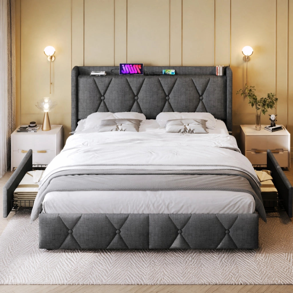 DESMIU Letto contenitore matrimoniale 140 × 200 cm con 4 cassetti, USB e materasso incluso, grigio