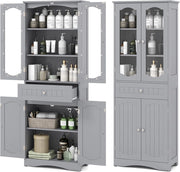 Mobile da Bagno a Terra, Armadietto da Bagno Alto, Mobiletto da Bagno Moderno, con 4 Ante in Vetro e 1 Cassetto, Ripiani Regolabili in Altezza, Ampio Spazio di Stoccaggio per Casa (Grigio)