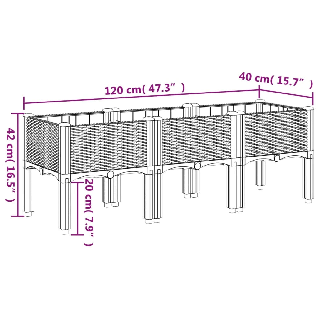 Fioriera rialzata per piante fiori patio giardino con gambe 120 x 40 x 42 cm PP grigio 02_0038150