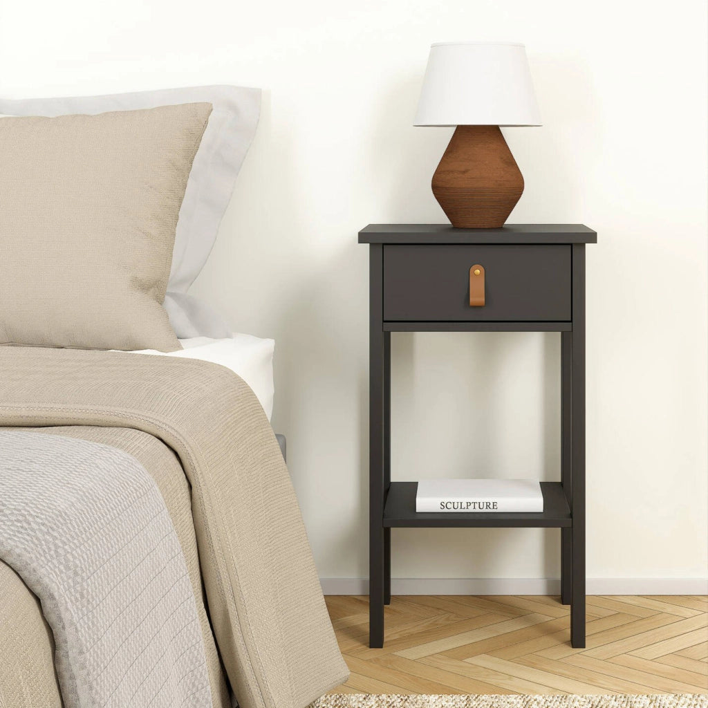 Comodino Inday, Comò basso, Tavolino da notte, Mensola da letto, 40x34 h70 cm, Nero