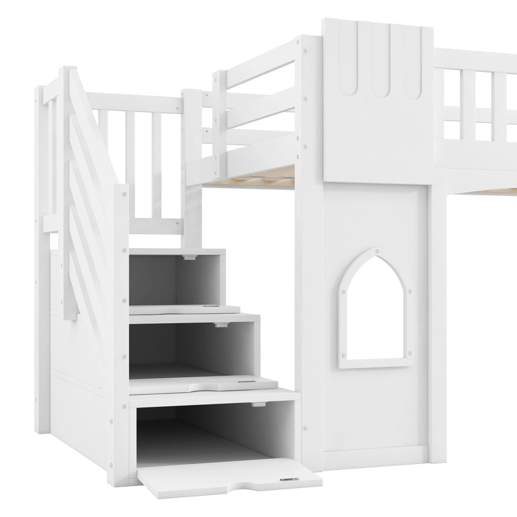 LETTO A CASTELLO con scala contenitore e finestre 90 x 200 cm bianco