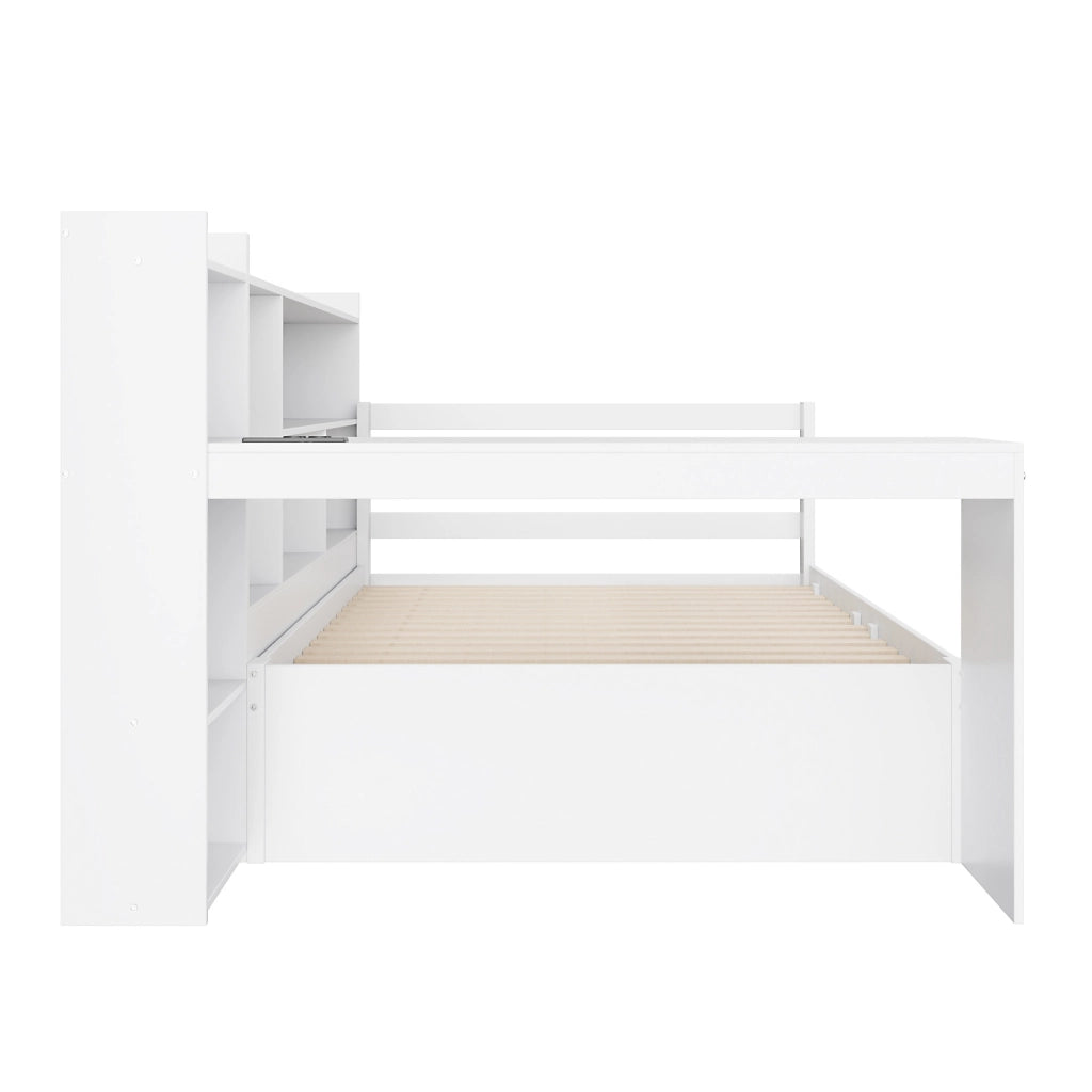 Letto 90x200 cm multifunzionale con scrivania e presa in legno bianco