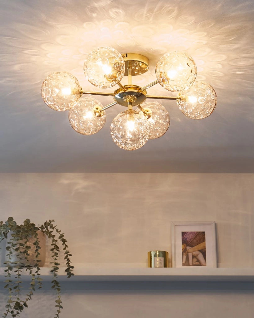 Lampadario in vetro 7 luci rotonde beige metallizzato e oro stile moderno