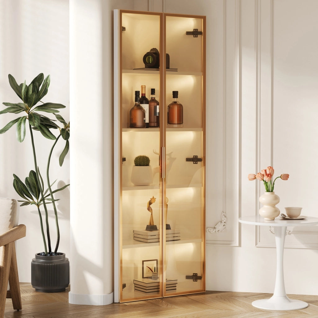 Vetrina angolare con LED 62 x 35 x 160 cm in MDF; vetro temperato e finitura bianca
