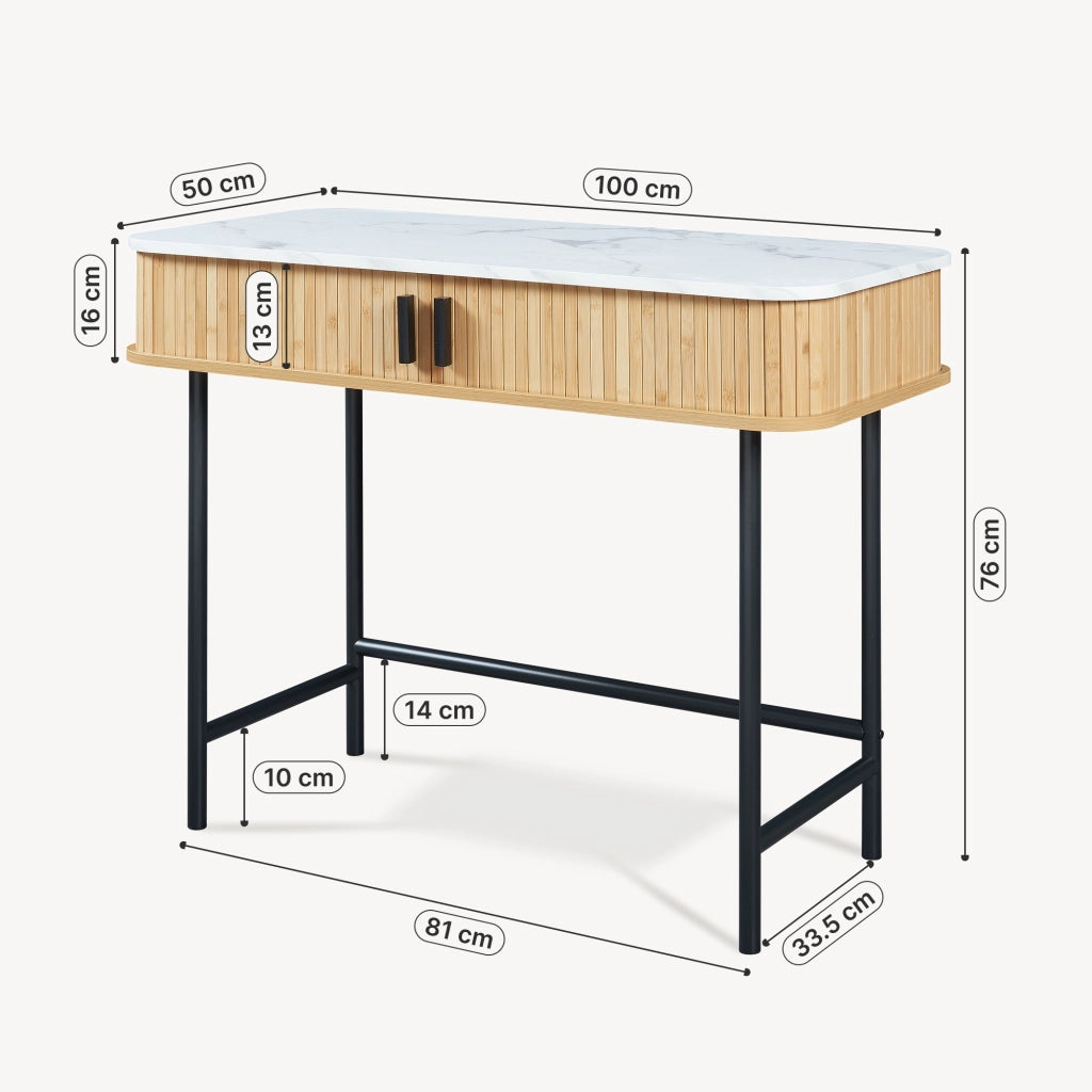 Tavolo Consolle Tvedestrand con Scomparti Chiusi in Bambù - Effetto Marmo Bianco / Colore Legno [en.casa]