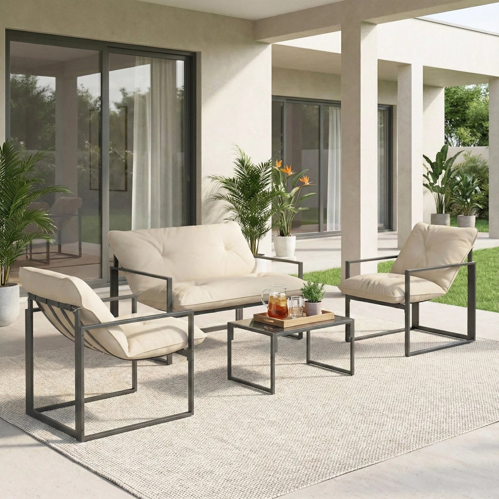 Set Salotto Giardino 4 Pezzi ¨C Xylo ¨C Divano 2 Poltrone Tavolino Acciaio Poliestere Cotone Beige Grigio