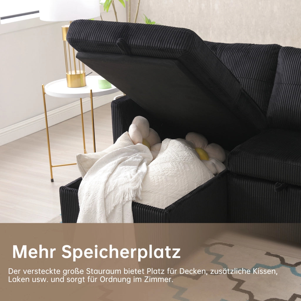 Divano letto modulare con contenitore sedute con tasche laterali e cuscini in tessuto a coste nero 206 × 108 × 66 cm