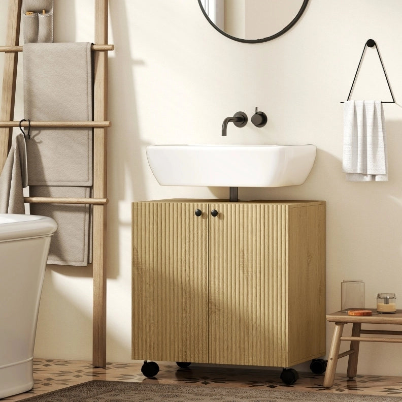 Mobile Mobile lavabo da bagno con ripiani regolabili, base in legno con ruote e chiusura soft-close