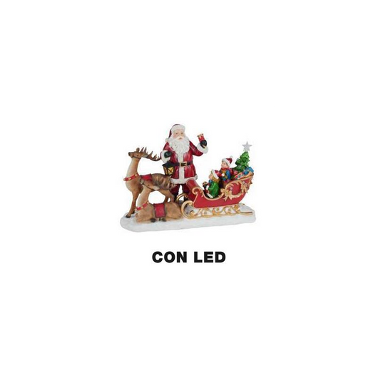 Babbo natale resina led con renna e slitta rosso cm 38,5x17,5h27