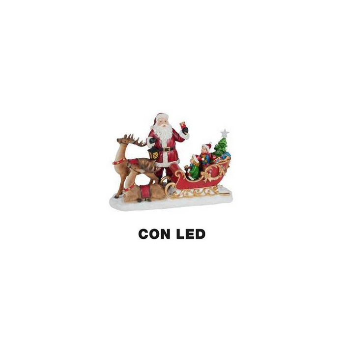 Babbo natale resina led con renna e slitta rosso cm 38,5x17,5h27