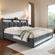 Letto imbottito 180x200 cm con USB e LED in lino grigio