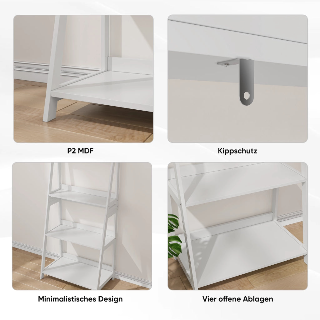 Libreria a scala con 4 ripiani e antiribaltamento - per studio - 86×47×13 cm - bianco