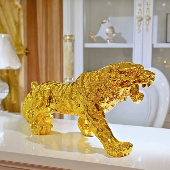 Scultura Geometrica di Resina con Pantera d'Oro Abstracta e Stile Moderno, Dimensioni 30cm x 9.5cm x 9.5cm, Accessori Decorativi per Interni, Figura Decorativa per Ambiente di Stile.