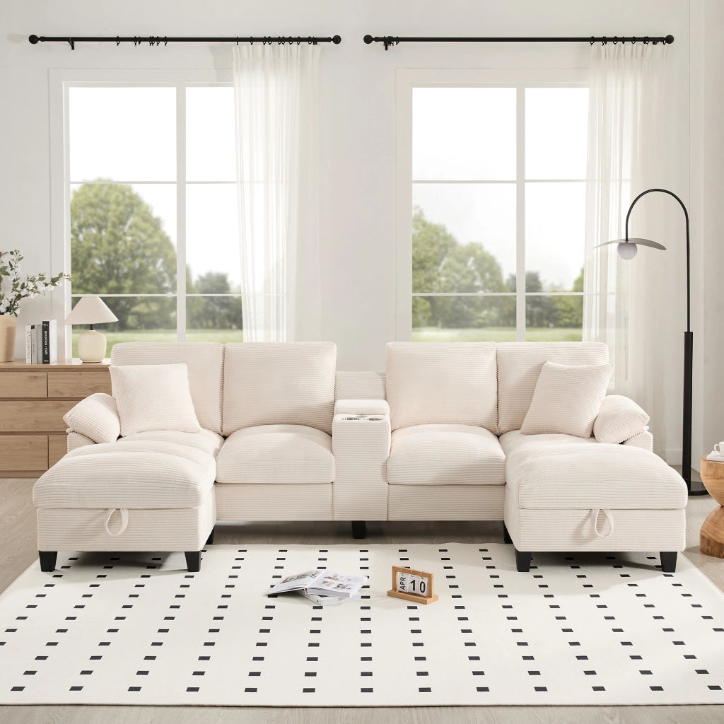 DIVANO angolare a U 293x142x93 cm in tessuto a coste beige con USB e portabicchiere