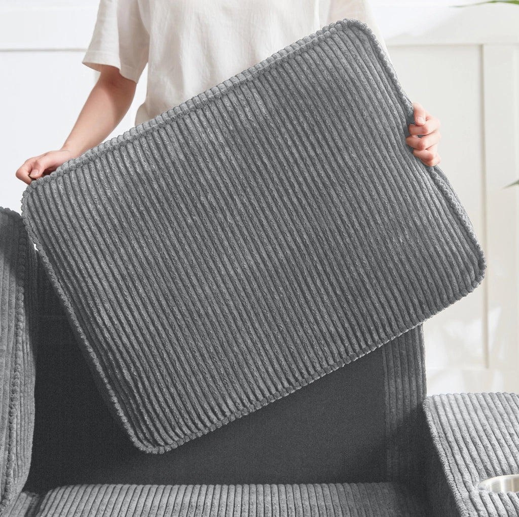 Divano a 3 posti moderno in velluto a coste grigio con portabevande; 206 cm
