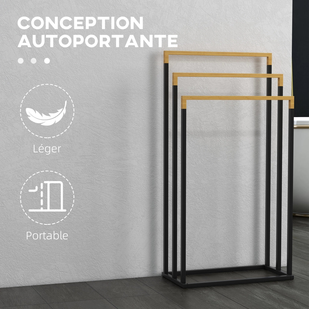 Portasciugamani a Terra Bamb¨´ e Acciaio ¨C Xylo ¨C 3 Barre 45x22,5x86 cm Nero Naturale