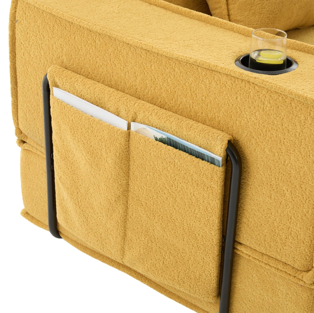 Pouf divano modulare in ciniglia giallo senape 162x78x66 cm con 2 cuscini e tasche laterali
