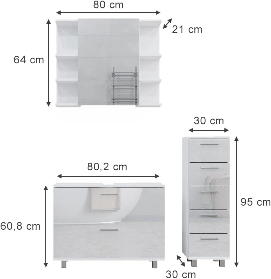 Set di mobili da bagno Ilias, Bianco lucido, 80 cm, composto da mobile sottolavabo, specchiera e mobile medio