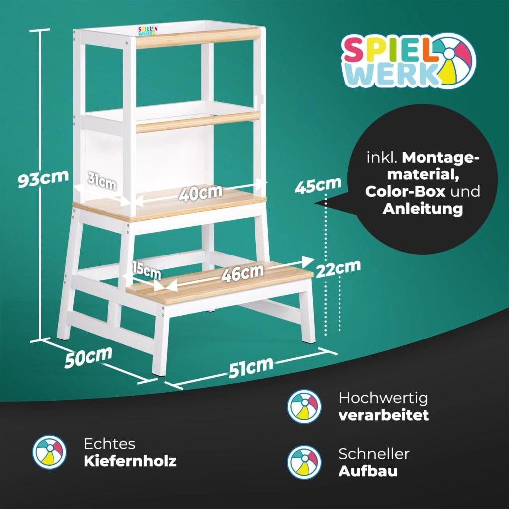 Spielwerk Torre Montessoriana Apprendimento per Bambini in Legno con Lavagna Sgabello Torretta Montessori Didattica Learning Tower 50 x 51 x 93 cm a partire da 2 anni