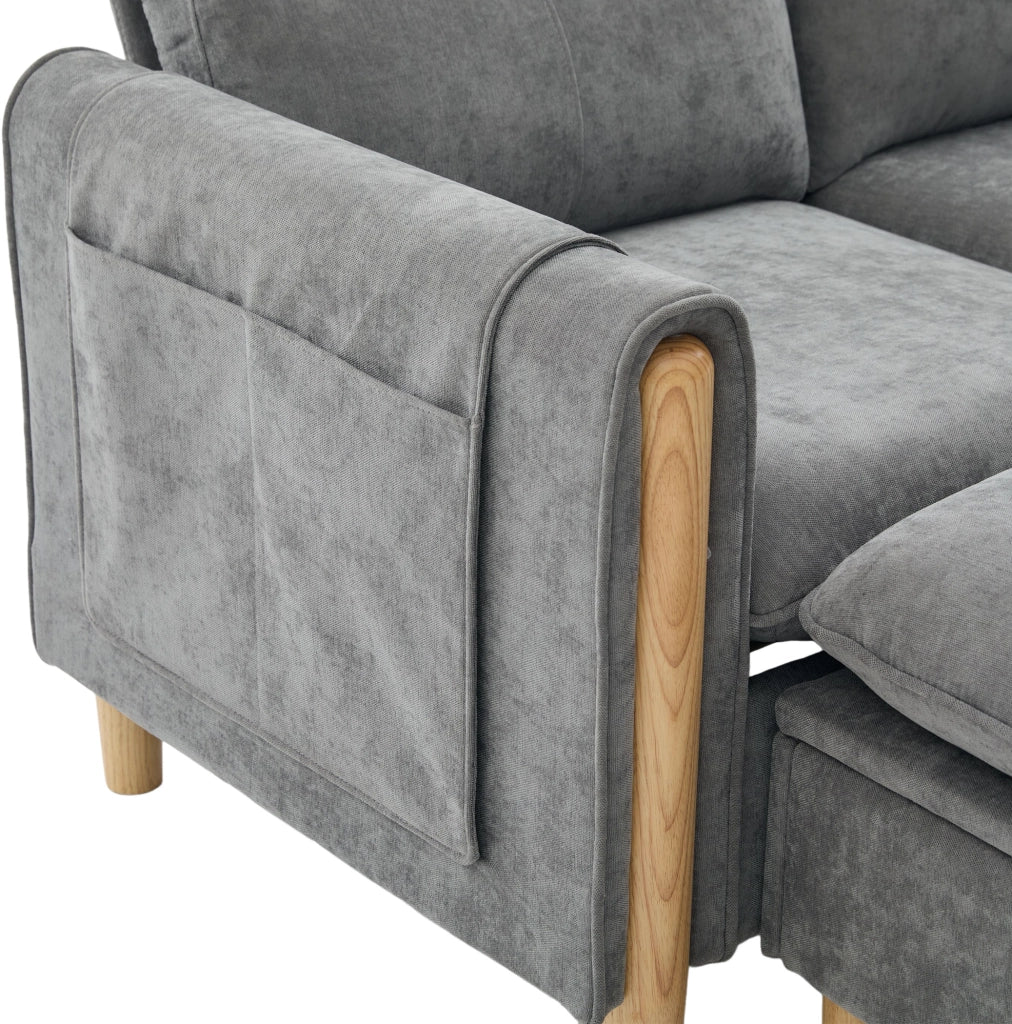 Divano angolare modulare a 3 posti con pouf contenitore; 201x77x86 cm; chenille grigio chiaro