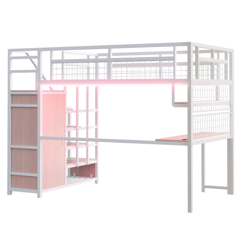 Letto a soppalco in metallo 140x200 cm bianco con scrivania; scaffale; scala contenitore e luce
