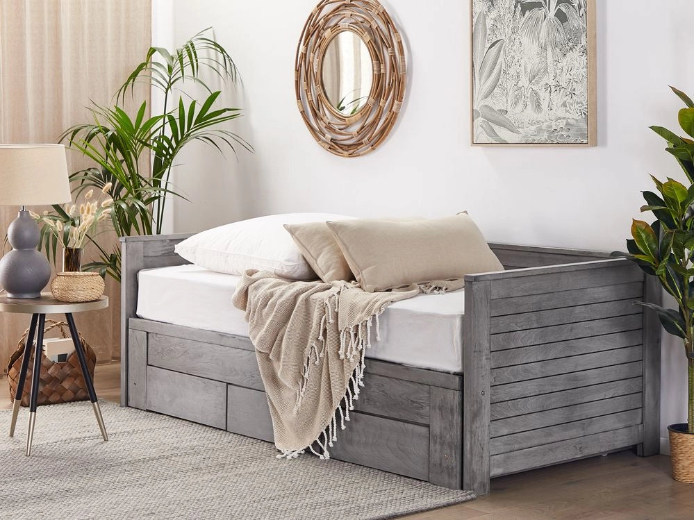 Letto Allungabile Legno MDF Grigio 3 Cassetti a Doghe 90/180 x 200 cm