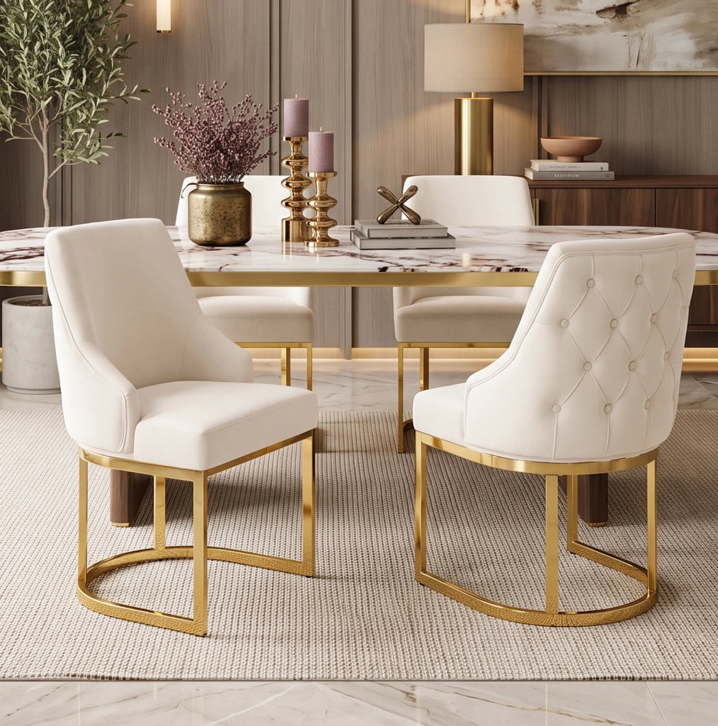 Set di 2 sedie da pranzo in velluto beige e oro; schienale trapuntato; gambe in metallo