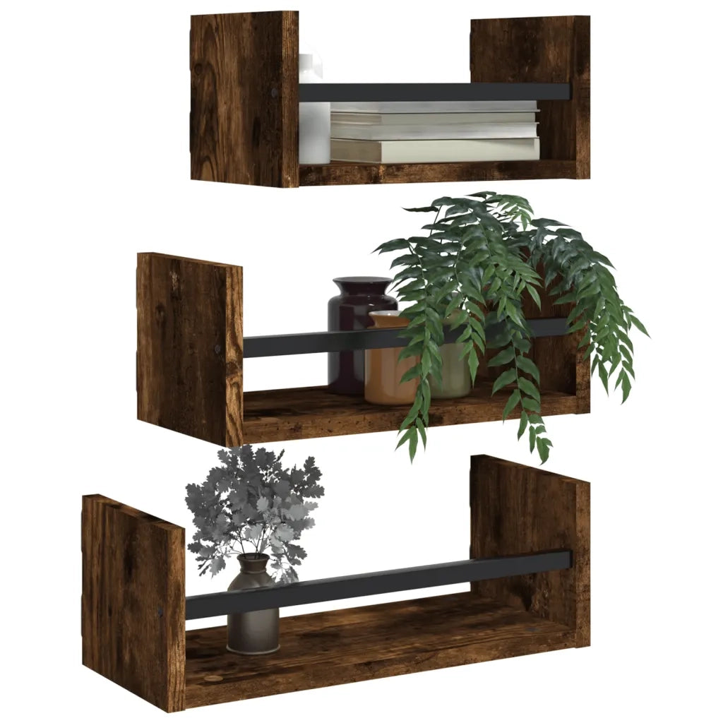 3 pz Set Mensole Parete | Mensola sospesa con Aste Rovere Fumo Legno Multistrato