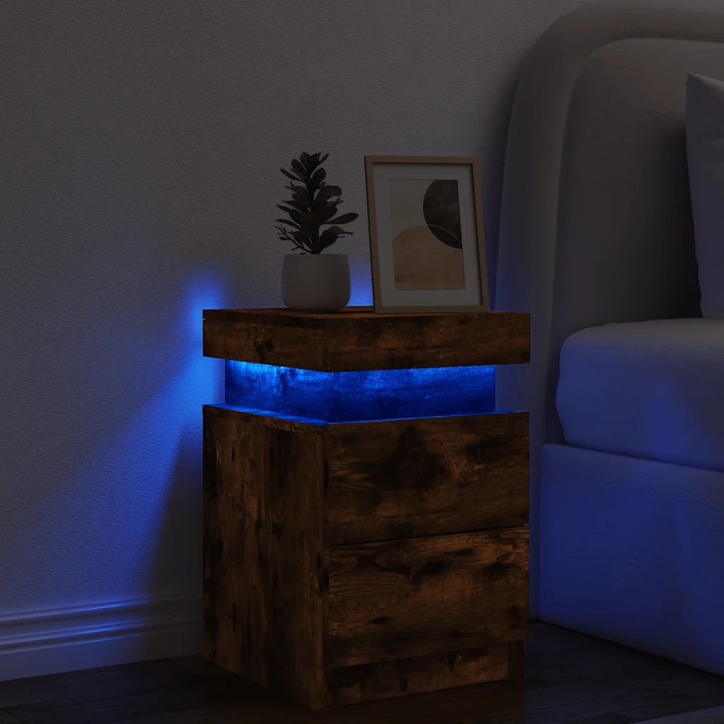 Comodino | Armadio da Notte | Mobiletto da notte con Luci LED Rovere Fumo 35x39x55 cm