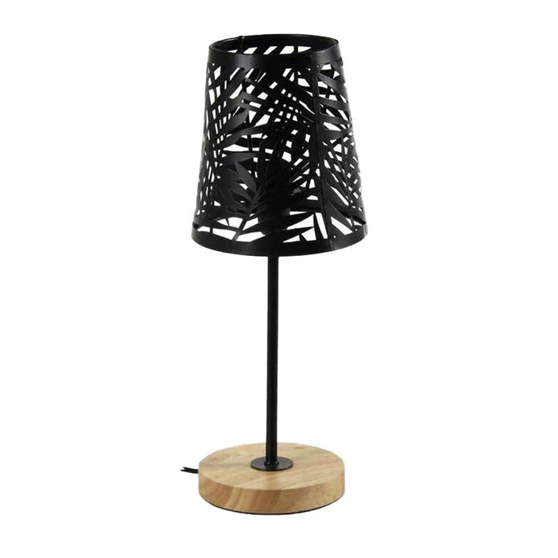 LAMPADA DA TAVOLO CON PARALUME A FOGLIA NERO E BASE TONDA IN LEGNO 14 X 35 CM