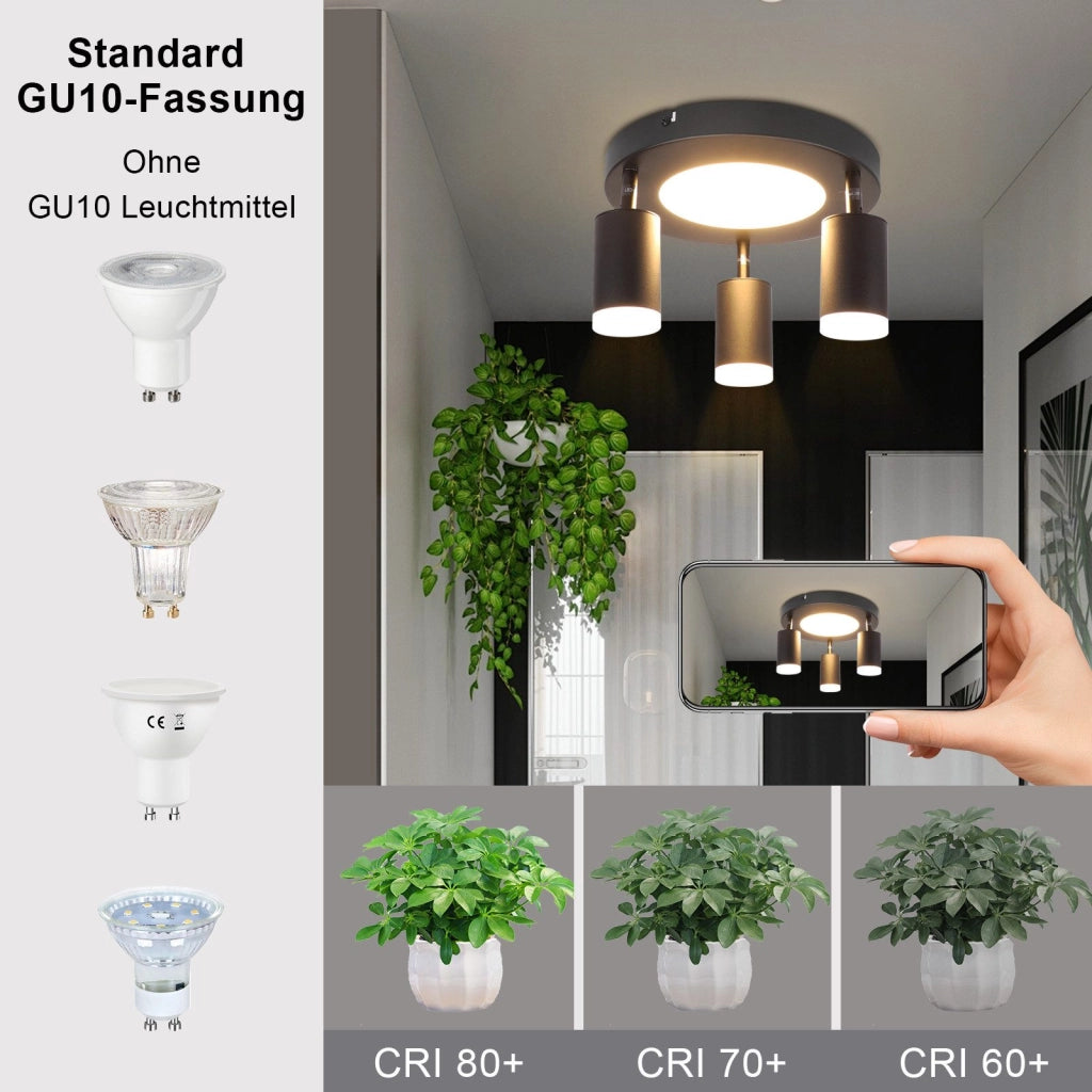 ZMH Faretto da soffitto 3 lampadine GU10 20W camera 3000k nero lampada cucina orientabile 350 orientabile in metallo