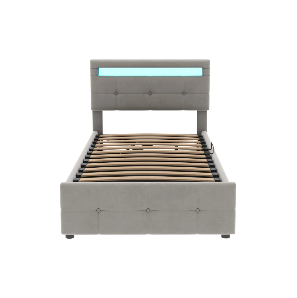 Letto imbottito 90 x 200 cm grigio con LED e vano contenitore idraulico