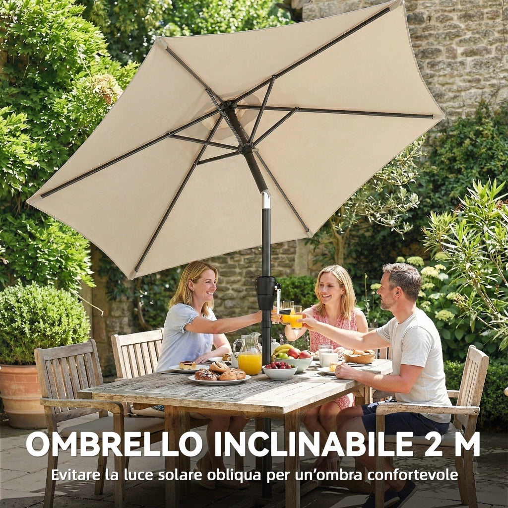 Ombrellone da Giardino Inclinabile 2x2 m a 6 Stecche con Manovella in Metallo e Poliestere Grigio Chiaro