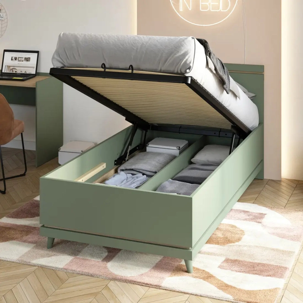 Letto contenitore per bambini NOKI – 100x200 cm verde e legno – Stile scandinavo
